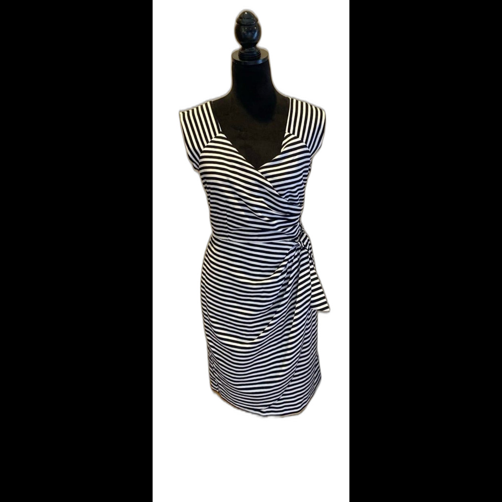 Worthington Dress Faux Wrap Size 12 Black White Stripes Fitted Lined Sleeveless‎